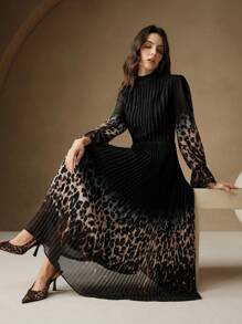 Anewsta Holiday Gradient Pleated Print Women Dress - Black - View 4