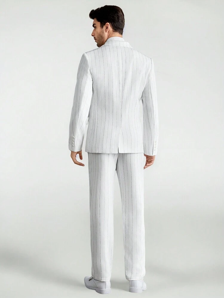 Men's Notched Lapel Striped Long Sleeve Suit Jacket And Pants Set