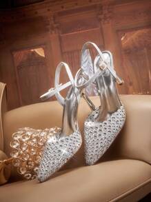 CUCCOO TILAWA Women's Pointed Toe Rhinestone Decor Ankle Strap Stilettos High Heels, Sexy Closed Toe Dress Party Wedding Formal Pumps Spring Shoes Spring Break Easter Prom Heels - Silver - View 2