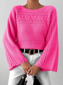 EURMUSE Women Simple Solid Color Long Sleeve Casual Sweater - Pink - View 5