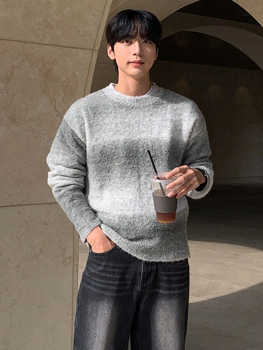 DAZY 男士渐变色圆领长袖休闲宽松针织毛衣，秋冬 - 淺灰色 - 查看 1