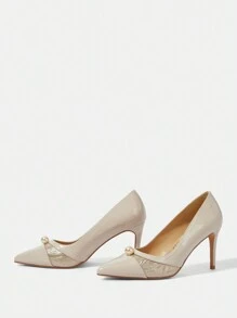CUCCOO HITCHD Pointed Toe Slender High Heel Apricot Color Splice Faux Pearl Decor Ladies' Pumps Valentine's Day - Apricot - View 3