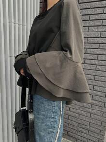 FRIFUL 女式撞色层叠荷叶边衬衫，秋季长袖上衣 - 黑色 - 查看 6