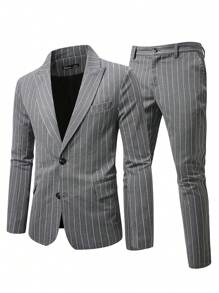 Manfinity Mode Bộ đồ đi làm kẻ sọc cho nam: Bộ áo khoác và quần - Xám - Xem 4