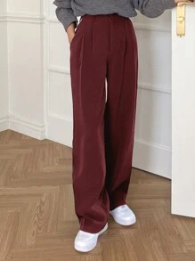 DAZY 女士简约百褶办公休闲西裤，返校季商务装 - 酒紅色 - 查看 5