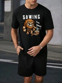 Manfinity Homme Áo thun tay ngắn in họa tiết Caveman vui nhộn thời trang giản dị màu đen vừa vặn với vai dành cho nam - màu đen - Xem 7