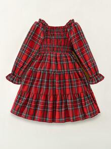SHEIN Girls' Cotton Ruffled Collar Puff Sleeve Layered Hem Plaid Dress, Red