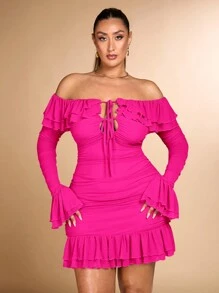 SHEIN BAE Plus Size Women's Romantic Sweet Party Date Bodycon Ruffled Ruffle Mini Ruched Dress - Hot Pink - View 1