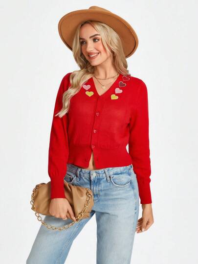 SHEIN LUNE Cárdigan de mujer con estampado de corazón en rojo, otoño/invierno
