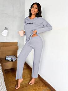 RueChic Slogan Ribbed Knit Lounge Set - Grey - View 3