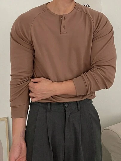 DAZY Men's Casual Coffee Brown Raglan Sleeve T-Shirt, Autumn Long Sleeve Men Shirt