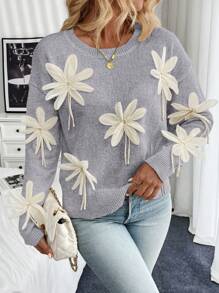 SHEIN Unity Handmade 3D Floral Decor Sweater, Stylish For Autumn/Winter Knit Pullover Fall - Grey - View 4