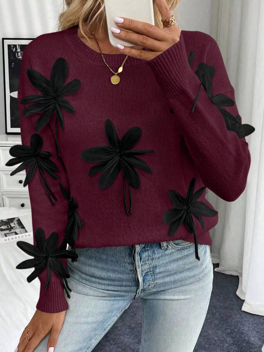 Chiquease 女士圆领长袖简约休闲手工花卉装饰套头毛衣针织衫秋冬款