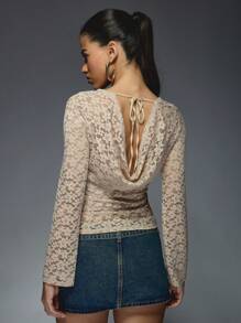 MISSGUIDED Sheer Lace Flared Long Sleeves Cowl Back Top - Camel - View 2