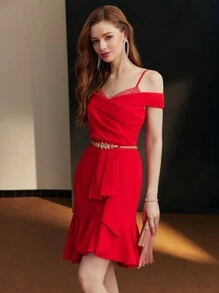 MOTF PREMIUM RHINESTONE BIAS CUT COCKTAIL DRESS - Red - View 6