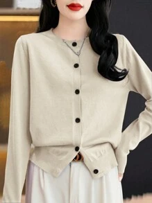 EMERY ROSE 1pc Button Front Long Sleeve Casual Solid Top, Daily Wear Fall Winter Cloth For Women - Apricot - View 4