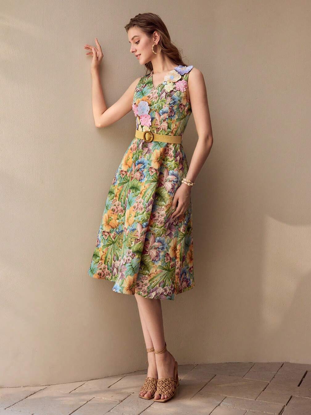 floral embroidered midi dress Endless Rose Sleeveless flutter sleeves Embroidered Sheer Tulle Midi Dress