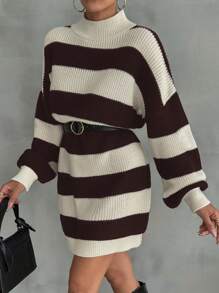 EURMUSE Women Drop Shoulder Sweater Dress With Striped Pattern - Brown - View 5