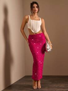 Glamine 女式亮粉色低腰长款亮片修身鱼尾裙，四季百搭，优雅裙装，亮片裙，节日派对裙，女式秋季长裙 - 玫紅色 - 查看 4