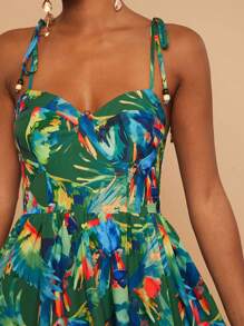 Travachic 春夏海边休闲度假，肩带蝴蝶结配木珠装饰，罩杯结构，收腰宽松连衣裙，女士绿色热带印花超长吊带裙（背部有弹性，可搭配任何身材） - 綠色 - 查看 3