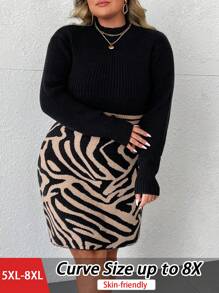 SHEIN CURVE+ Elegant High Neck Splice Contrast Color Leopard Print Bodycon Dress, For Plus Size, For Winter Fall Cloth For Women