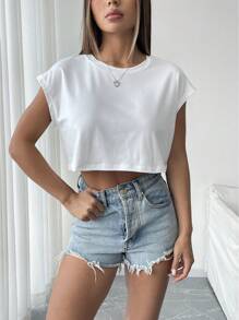 INAWLY Solid Color Loose Fit Crew Neck Sleeveless Top - White - View 3