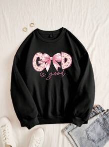 SHEIN EZwear Áo nỉ dày cổ tròn in họa tiết chấm bi và chữ đơn giản, giản dị, thu/đông - màu đen - Xem 3