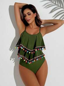SHEIN Swim 全新性感双层荷叶边吊带比基尼套装 夏季 - 軍綠色 - 查看 5