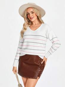 SHEIN LUNE Jersey de mujer de cuello en V a rayas de manga larga, cálido, de invierno - Blanco - Ver 2