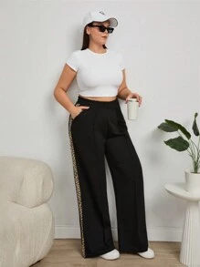 EURMUSE Plus Size Solid Color Patchwork Simple Long Pants, Casual For Daily Wear - Black - View 4