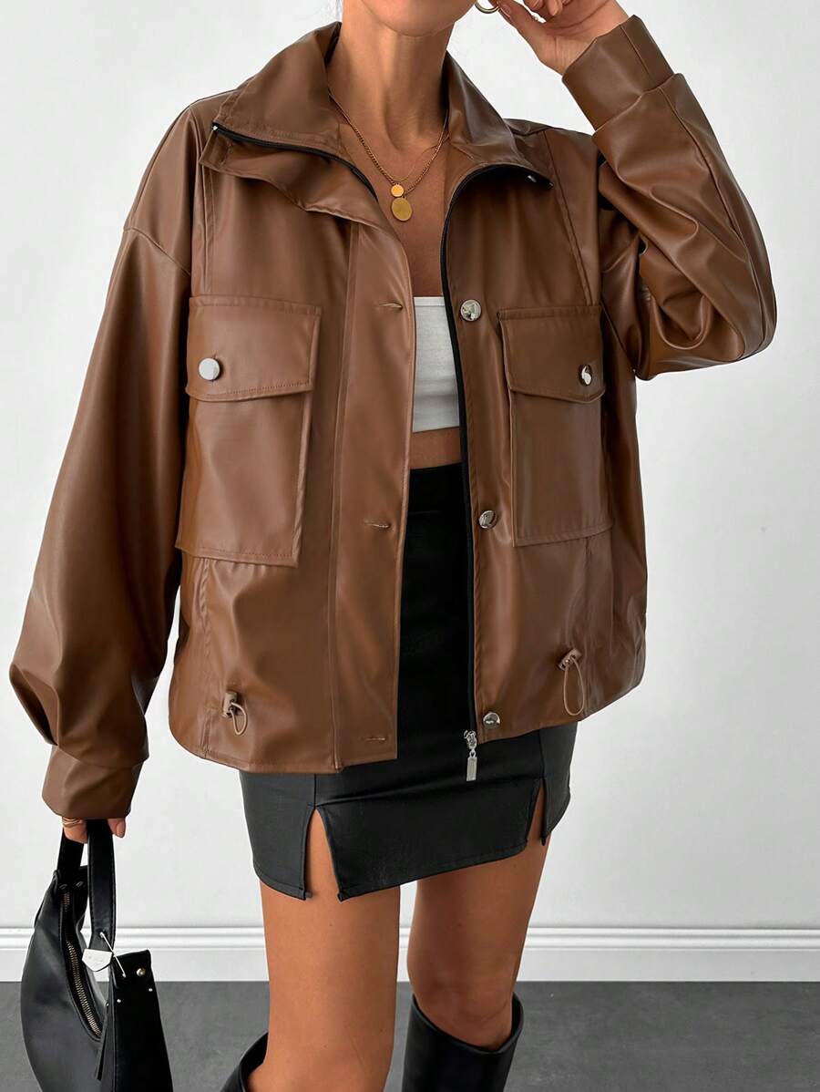 EURMUSE PU Leather Stylish Hidden-Fly Detailed Women's Jacket - Brown - View 1