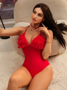 SHEIN Swim 1 bộ đồ bơi một mảnh họa tiết trái tim và trạng nguyên Giáng sinh năm 2025 cho nữ mùa hè - Đỏ - Xem 5