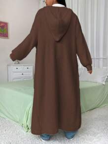 Flirla Áo len cardigan dệt kim đơn giản, tay dài màu trơn cỡ lớn, dành cho mùa đông - Cà phê nâu - Xem 2