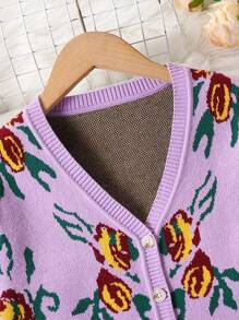 2pcs/Set Girls Floral Cardigan & Long Pants Suit, Retro Fashion Casual Knitted Set For Autumn/Winter - Mauve Purple - View 3