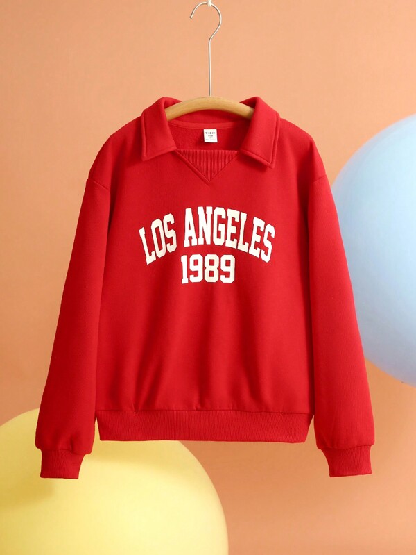 SHEIN Tween Girl Red Polo Neck Long Sleeve Sweatshirt With Simple Printed Pattern, Suitable For Chinese New Year & Christmas, Autumn/Winter
