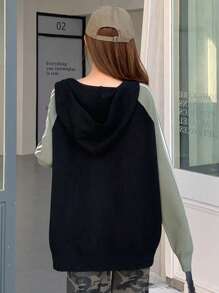 DAZY Women's Colorblock Striped Letter Embroidery Loose Long Sleeve Hooded Zipper Cardigan,Fall Women Clothes Jacket - Black - View 2