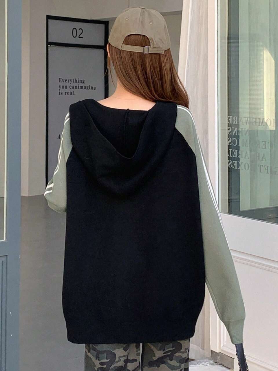 Women's Colorblock Striped Letter Embroidery Loose Long Sleeve Hooded Zipper Cardigan,Fall Women Clothes Jacket School