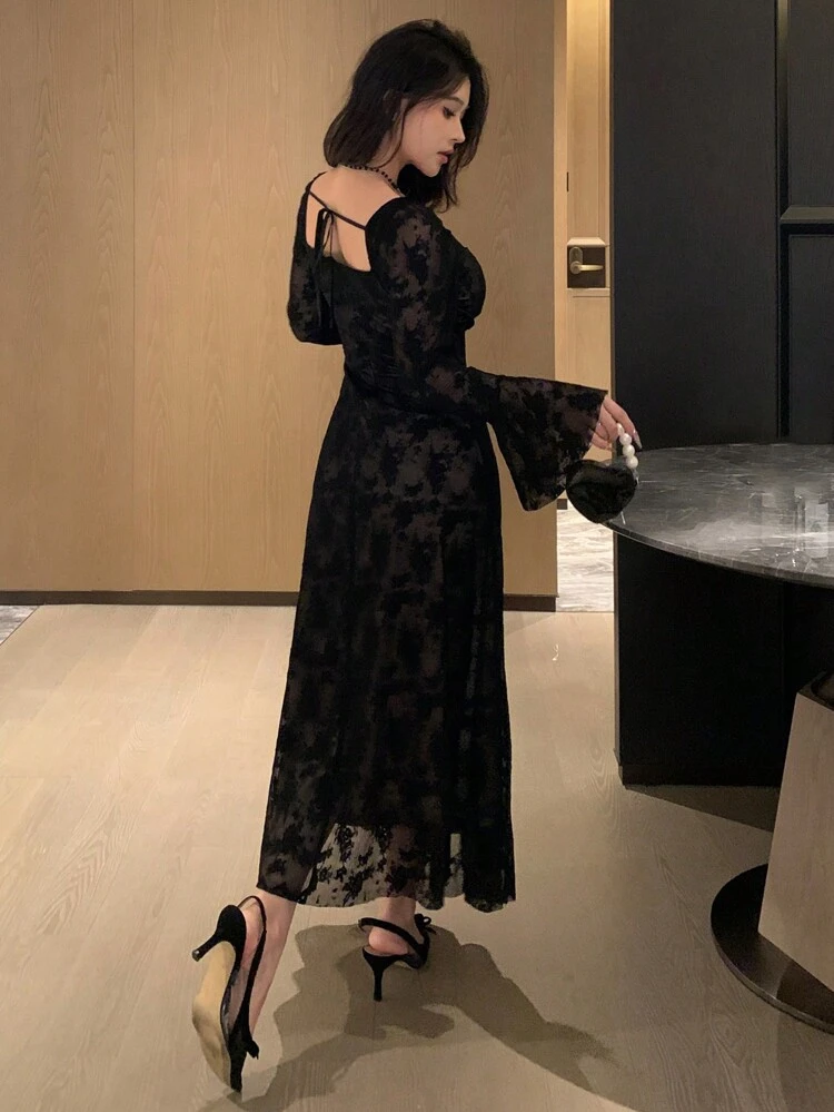 Women's Spring/Summer Lace Mid-Calf Party Dress Elegant, Ruffle Fall, Winter Dress