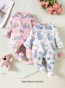 SHEIN Set de 2 piezas de ropa para recién nacida niña con diseño lindo de elefante en globo, cuello redondo, con cierre de cremallera, suave y amigable con la piel - Multicolor - Ver 1