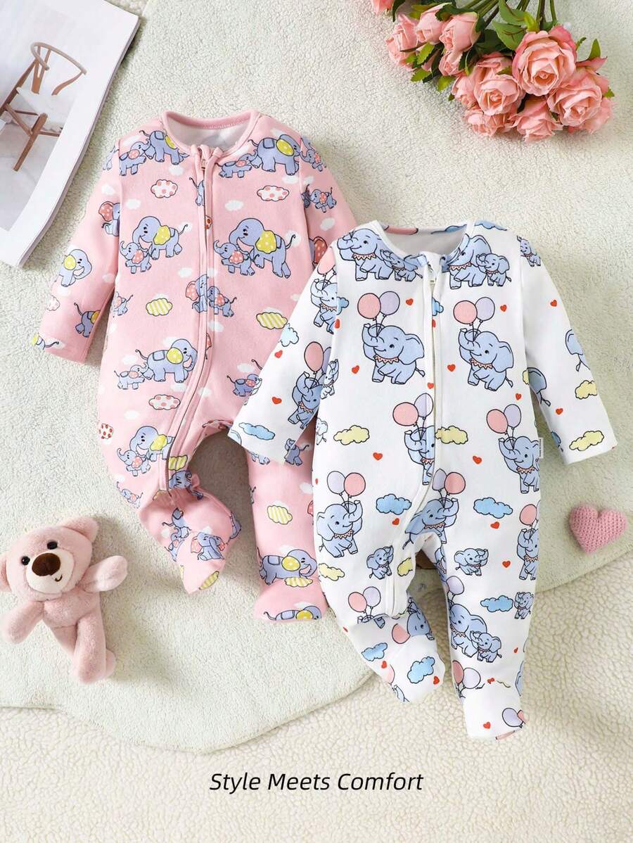 SHEIN Set de 2 piezas de ropa para recién nacida niña con diseño lindo de elefante en globo, cuello redondo, con cierre de cremallera, suave y amigable con la piel - Multicolor - Ver 1