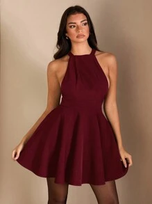 SHEIN BAE 纯黑色优雅法式挂脖简约蝴蝶结装饰薄纱裙短款黑色连衣裙，适合生日、酒会、正式活动、夜店派对、INS博主同款 - 酒紅色 - 查看 7