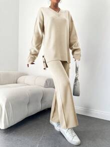 SHEIN Cottnline 2pcs V-neck High Low Hem Split Knit Sweater And Solid Color Knitted Pants - Beige - View 5