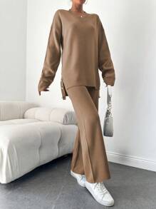 EURMUSE Split Hem Buttoned Decor Sweater And Pants Set - Khaki - View 3