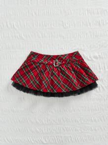 SHEIN ICON 1 件 Y2k 低腰派对新年夜可爱对比格子印花红色褶皱迷你裙搭配短裤，适合节日、休闲和时尚日常穿着 - 紅色 - 查看 5