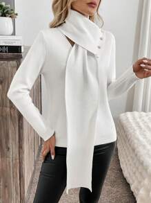 SHEIN Clasi Women's Solid Color Casual Sweater With Scarf Knit Pullover Fall Winter - White - View 3
