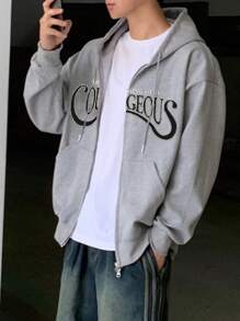 DAZY 男士秋季字母印花落肩长袖前拉链连帽运动衫，休闲 - 灰色 - 查看 6