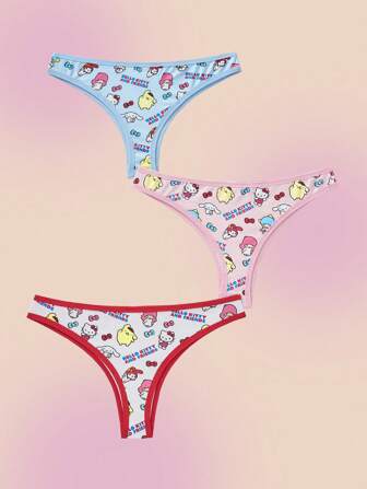 HELLO KITTY AND FRIENDS | SHEIN 3 件/包大码可爱小猫印花舒适休闲内裤，白色、粉色、蓝色