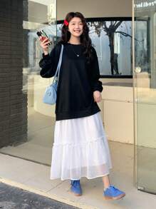 DAZY Women's Round Neck Long Sleeve Simple Solid Color Patchwork Casual Sweatshirt Dress Fall,Winter - Multicolor - View 1