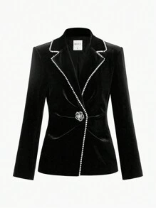 MOTF Soiréza VELVET LAPEL COLLAR FAUX PEARL TRIM RUCHED BLAZER - Black - View 8