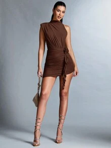 SHEIN BAE Ladies Solid Color Collar 3D Floral Decor Pleated Mini Fashionable Dress - Coffee Brown - View 5